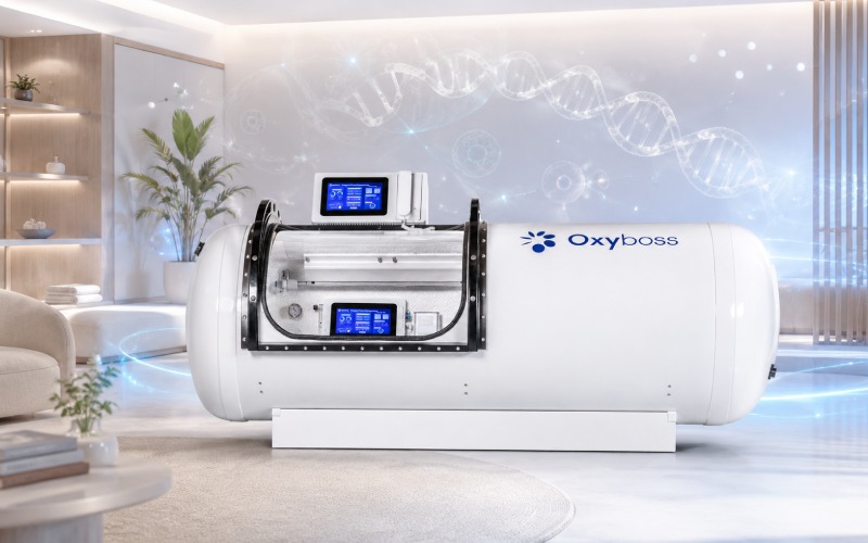 hyperbaric oxygen chamber with abstract DNA and telomere visuals representing HBOT and cellular aging research