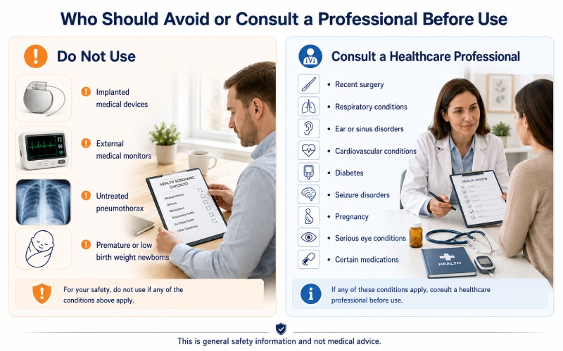 people and conditions that require avoiding or consulting a healthcare professional before hyperbaric chamber use
