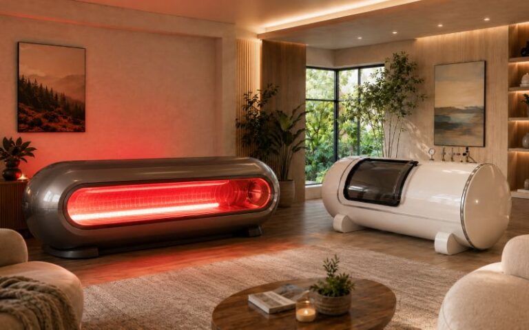 red light therapy panel and a modern hyperbaric chamber