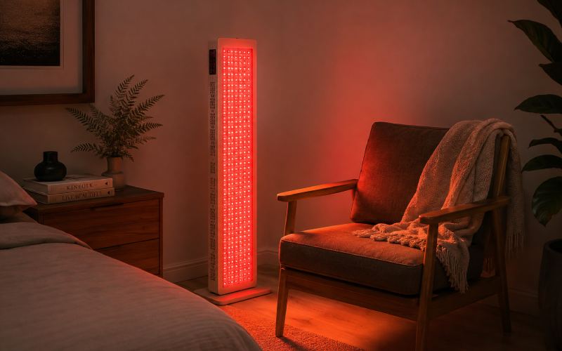  red light therapy panel casting a warm red glow