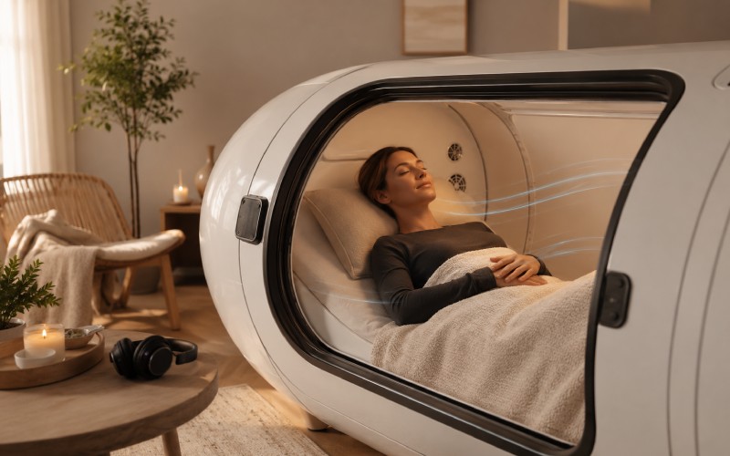 resting inside a hard-shell mild hyperbaric chamber
