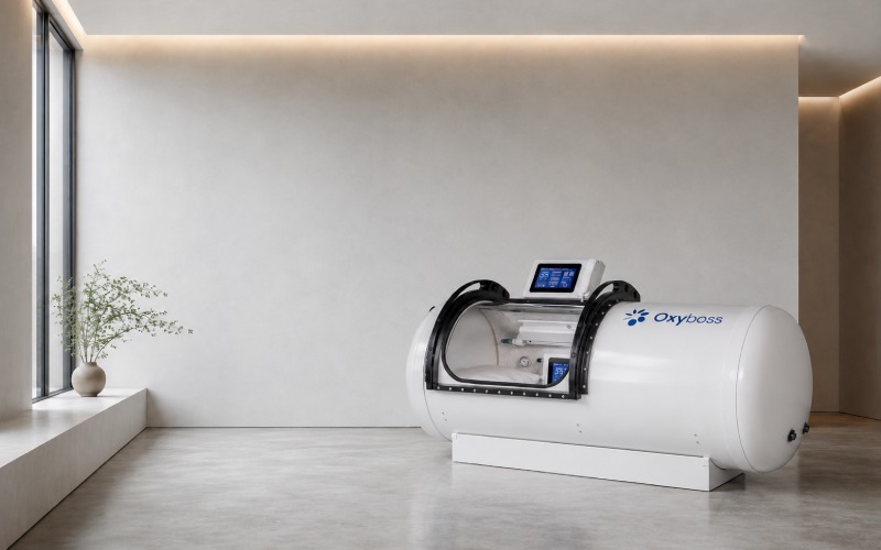 A hyperbaric chamber photographed as a minimalist architectural object