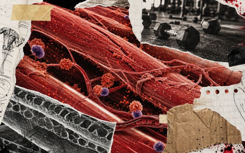 Creative visual of muscle microdamage after strength training