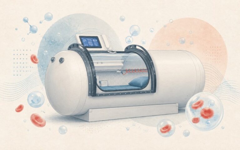 Illustration of hyperbaric oxygen chamber and oxygen bubbles