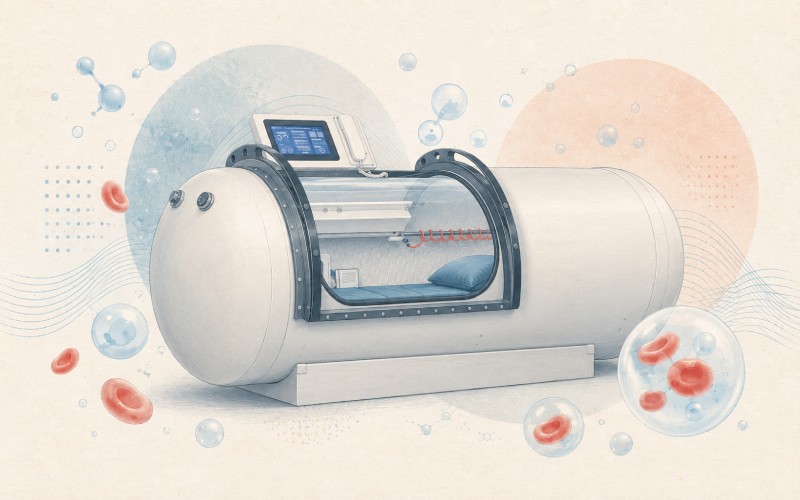 Illustration of hyperbaric oxygen chamber and oxygen bubbles