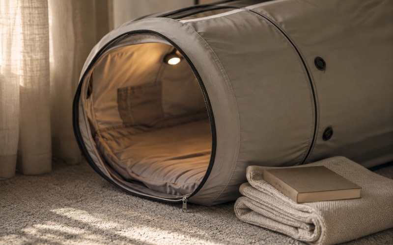 Open and softly lit home hyperbaric chamber