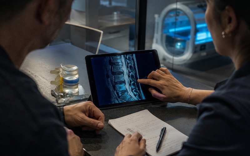 Patient reviewing a lumbar scan with a spine specialist