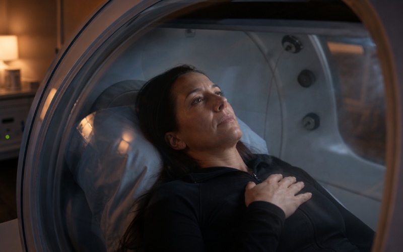 Person practicing slow breathing in a hyperbaric chamber