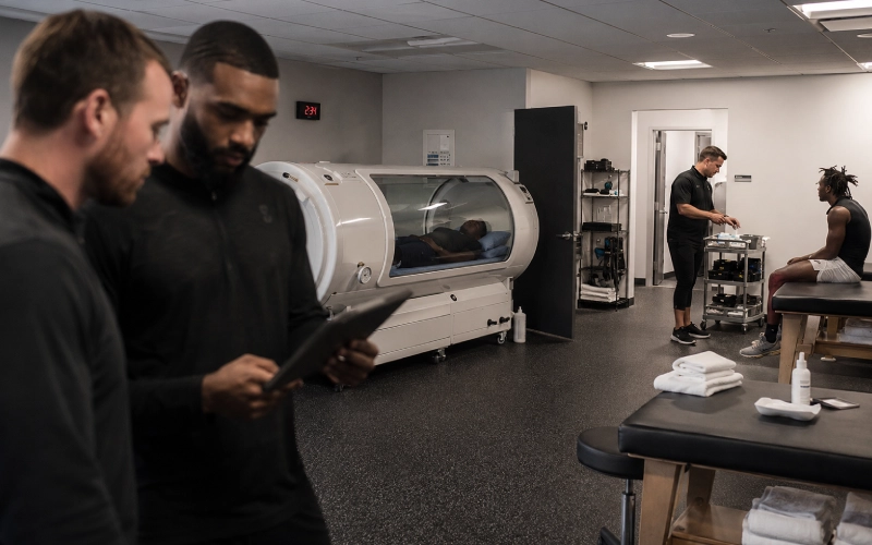 Quiet hyperbaric recovery session inside an active football facility