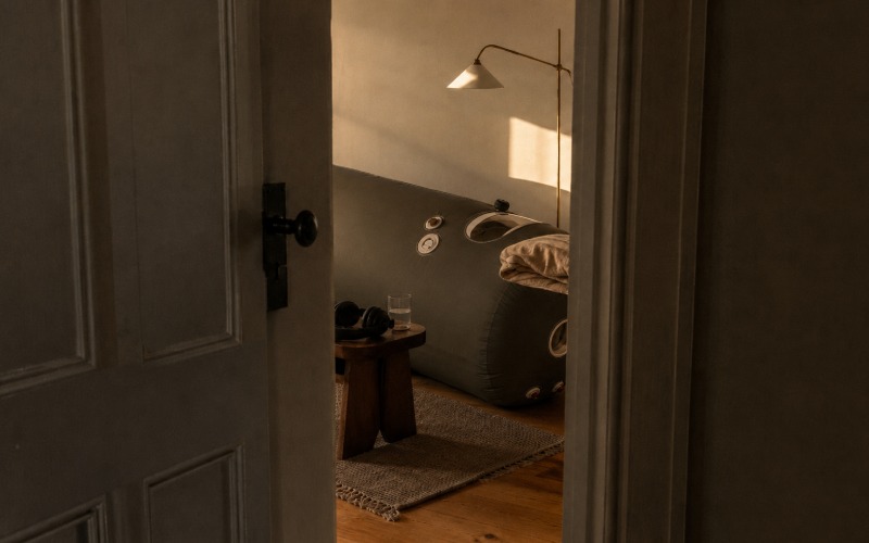Soft chamber glimpsed through an open doorway
