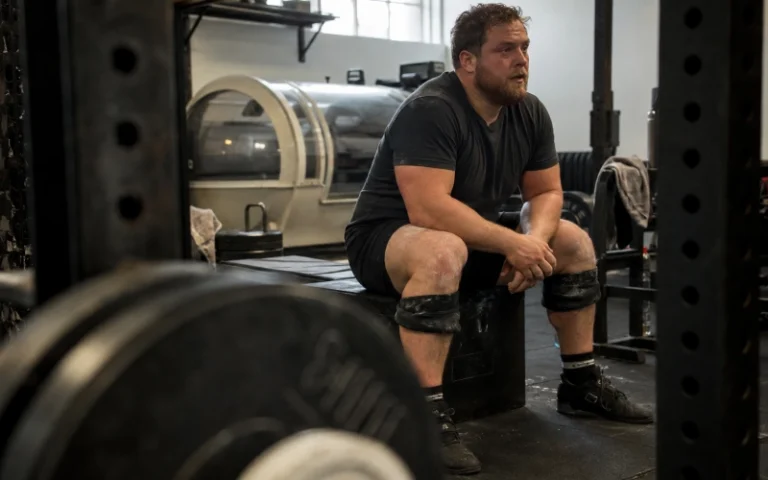 Weightlifter resting beside a hyperbaric chamber