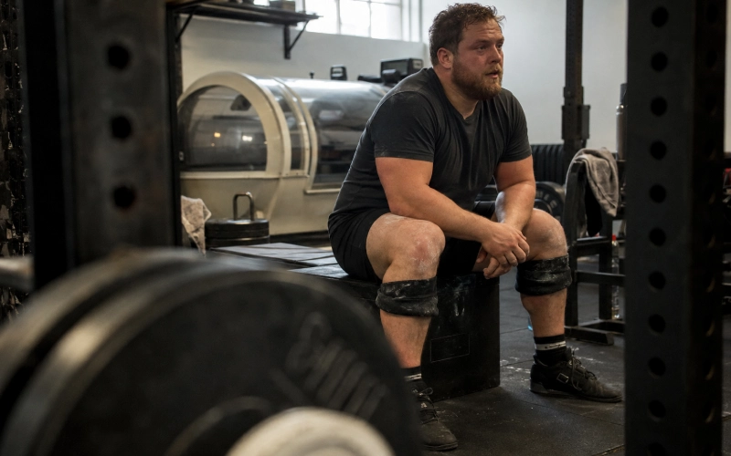 Weightlifter resting beside a hyperbaric chamber