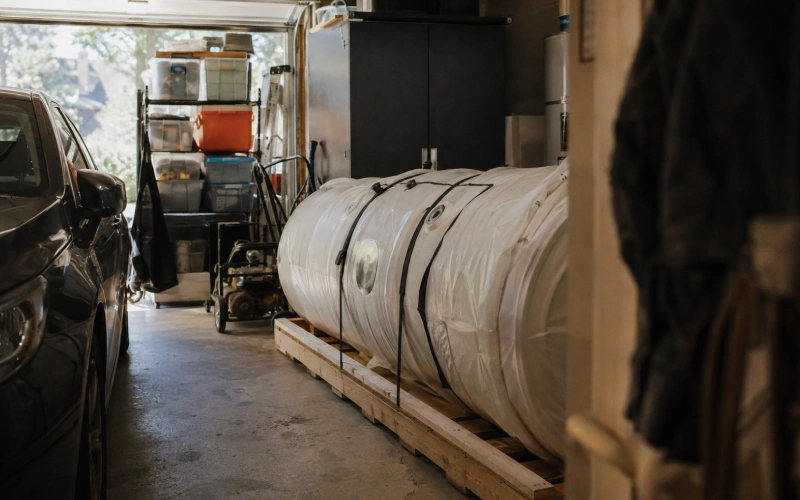 Crowded garage unsuitable for a hyperbaric chamber