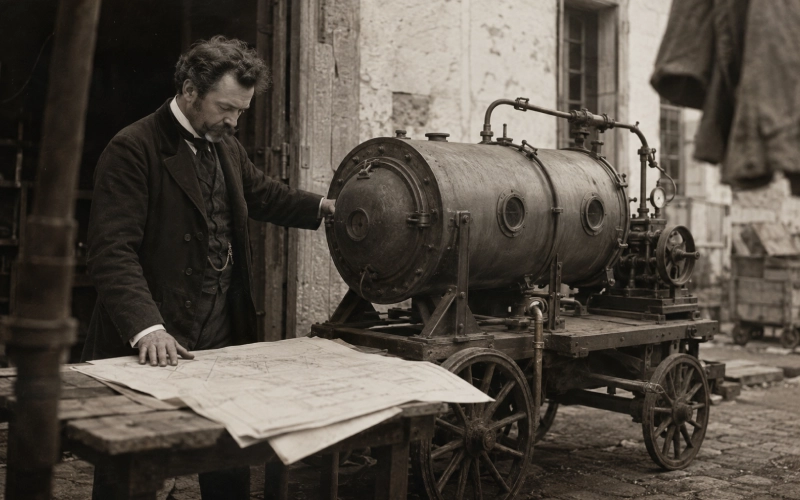 Fontaine beside an early mobile pressurized chamber