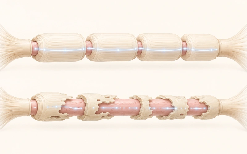 Healthy and damaged myelin around nerve fibers