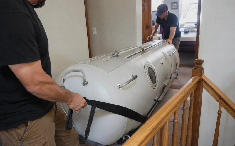 Installers moving a rigid chamber through a hallway