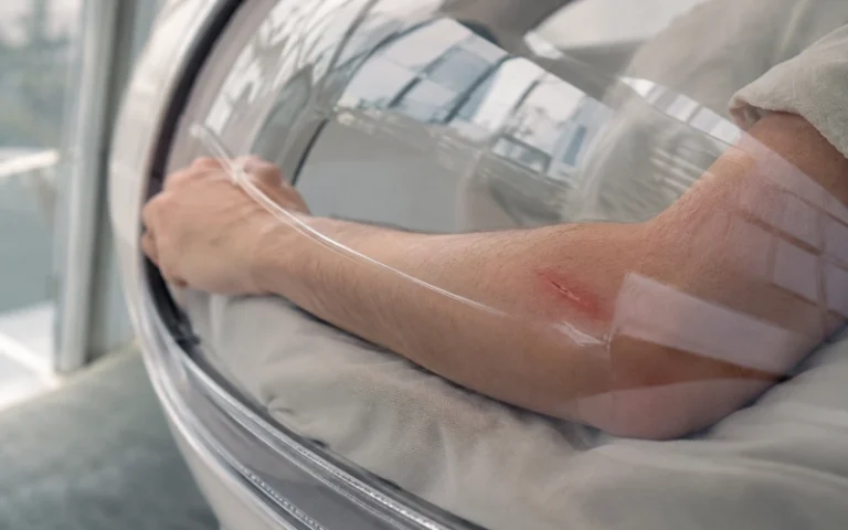 Small arm scrape seen through a hyperbaric chamber wall