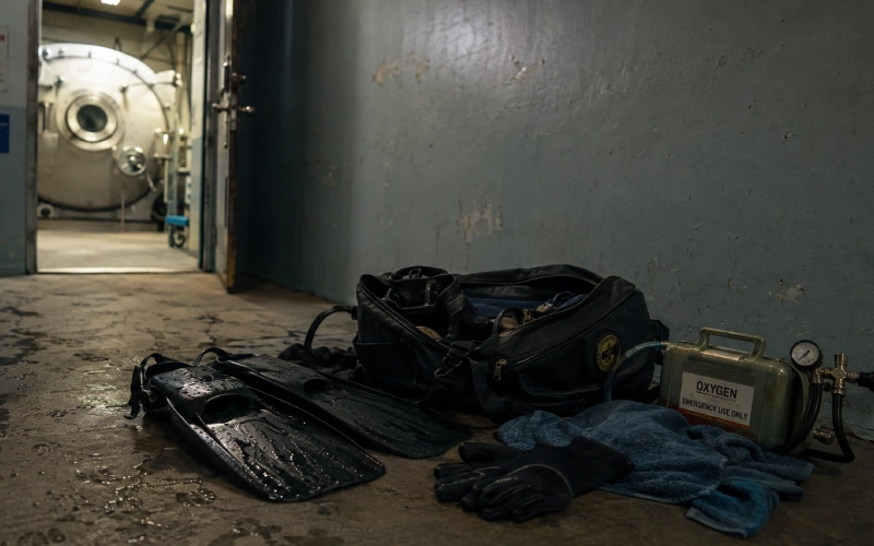 Wet dive gear beside emergency oxygen