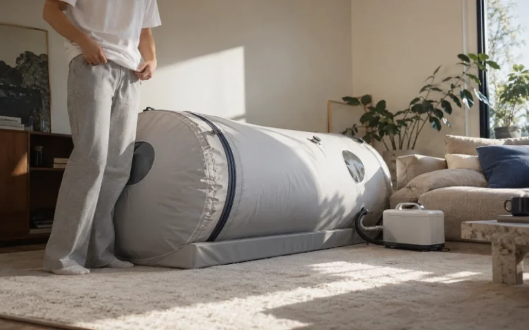 A home hyperbaric chamber in a relaxed living room.