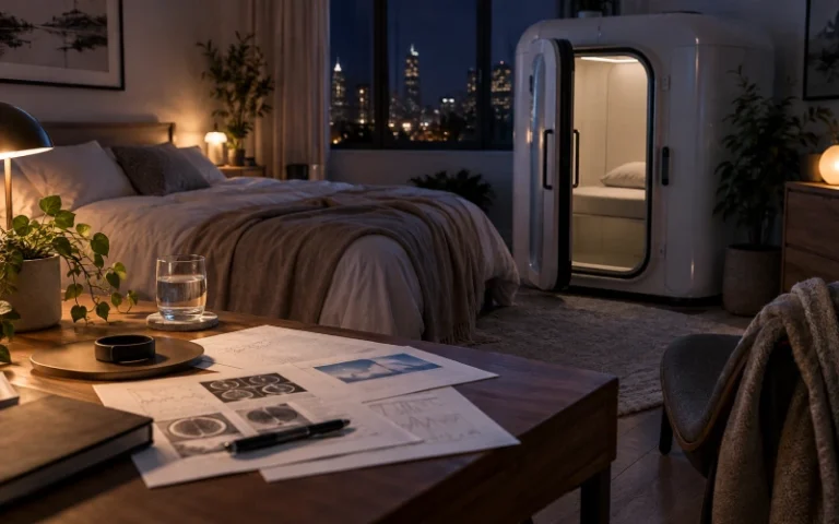 A wellness chamber in a quiet bedroom setting with sleep research materials nearby