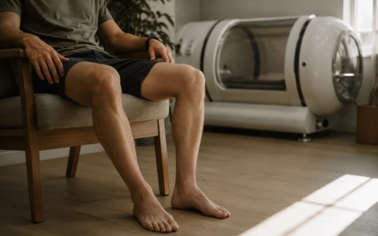 Adult seated near a hyperbaric chamber