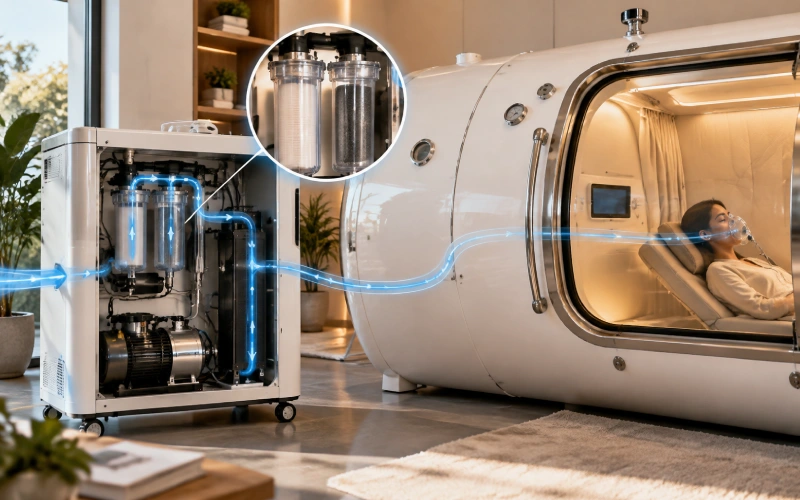 Airflow path inside a hyperbaric chamber filtration system