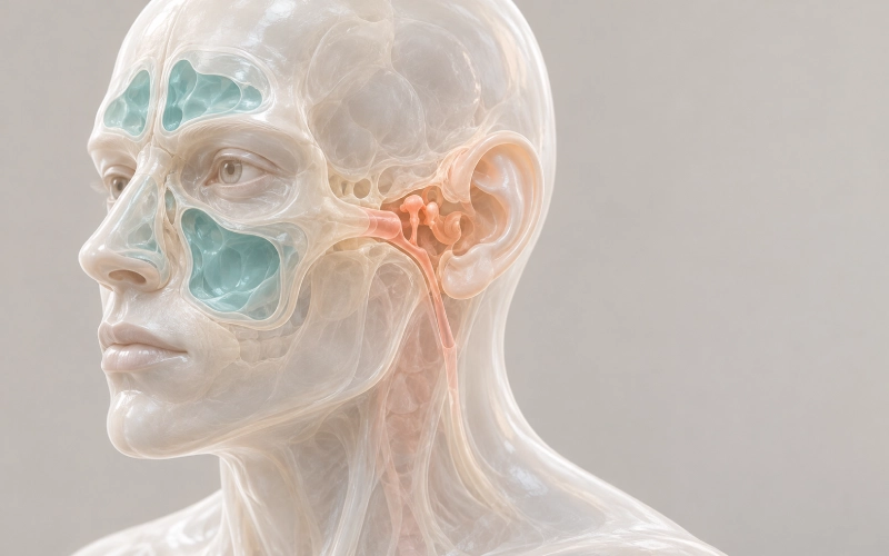 Illustrazione anatomica che mette in evidenza le orecchie e i seni paranasali