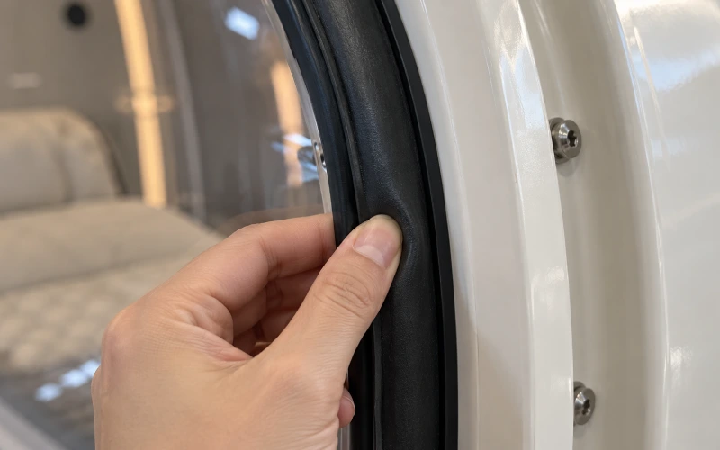 Checking the rubber door seal on a hyperbaric chamber