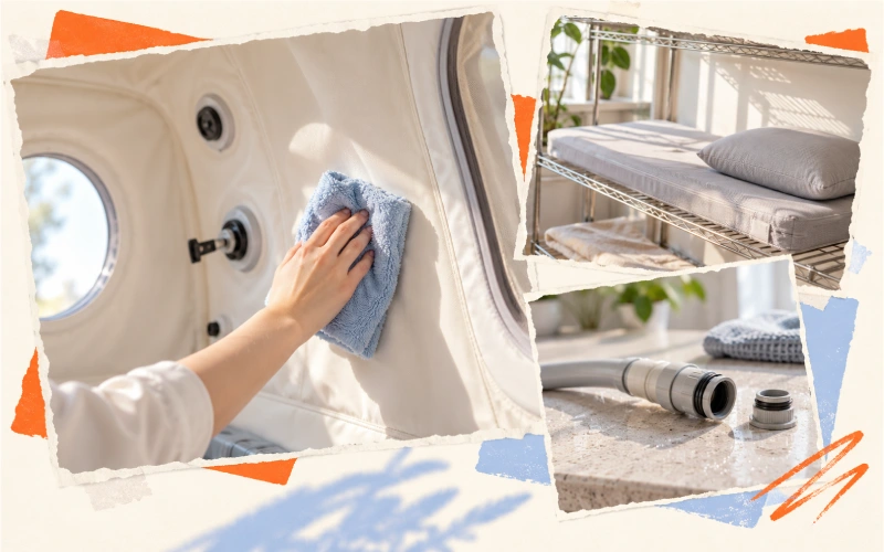 Cleaning and drying a soft hyperbaric chamber and its accessories