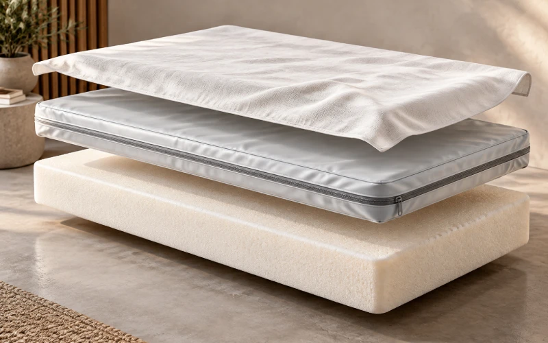 Close-up of waterproof mattress cover material and sealed seams