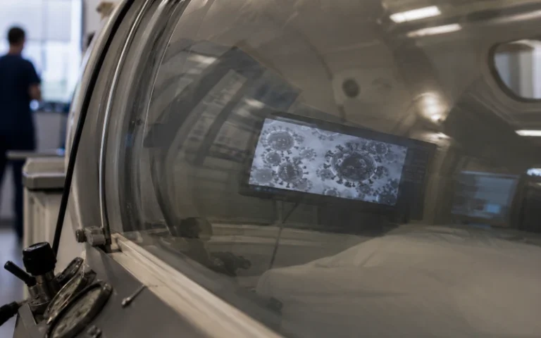 Coronavirus image reflected on a hyperbaric oxygen chamber