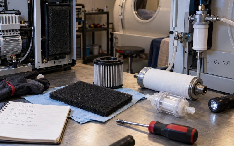 Different filter types used in a hyperbaric chamber system