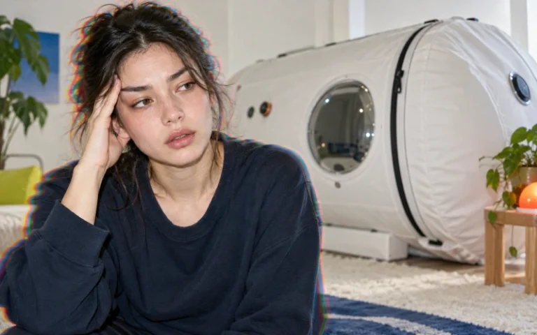 Editorial portrait showing mild dizziness after a hyperbaric session