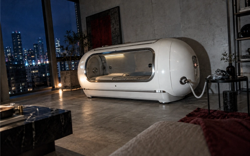 Home hyperbaric chamber in a modern residential interior