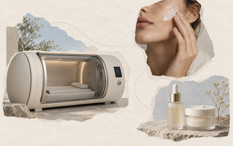 Collage editoriale su camera iperbarica e routine di skincare
