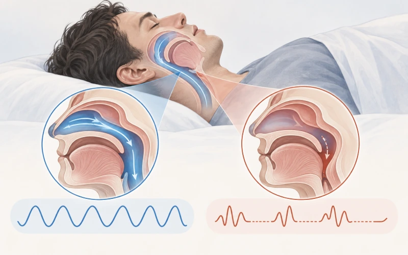 Illustration explaining airway changes and breathing interruptions during sleep apnea