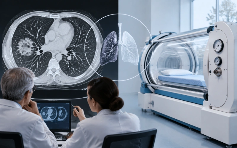 Lung imaging and hyperbaric oxygen chamber in medical research context