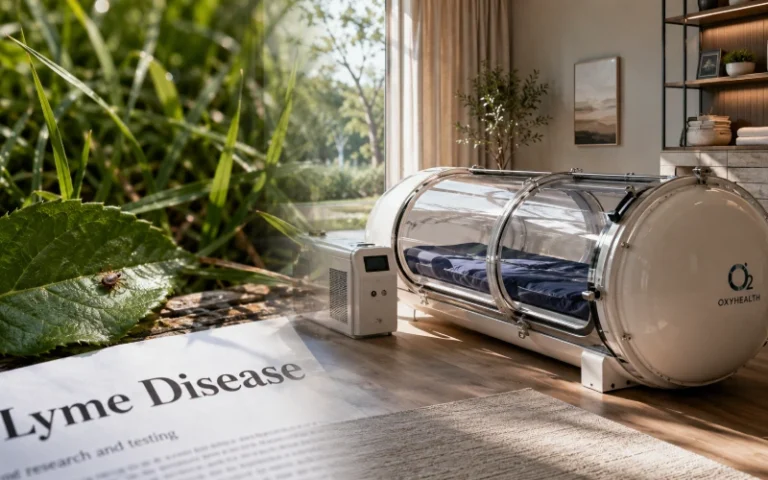 Lyme disease research cover with tick and hyperbaric chamber