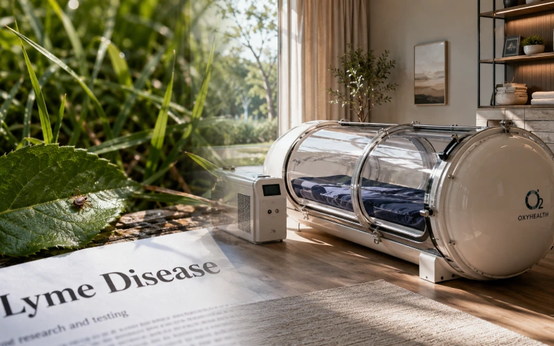 Lyme disease research cover with tick and hyperbaric chamber