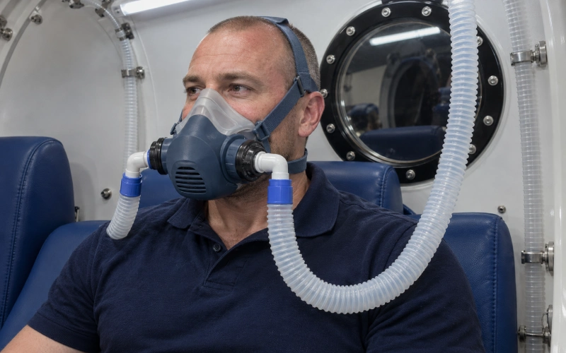 Uomo con una maschera respiratoria BIBS all’interno di una camera iperbarica