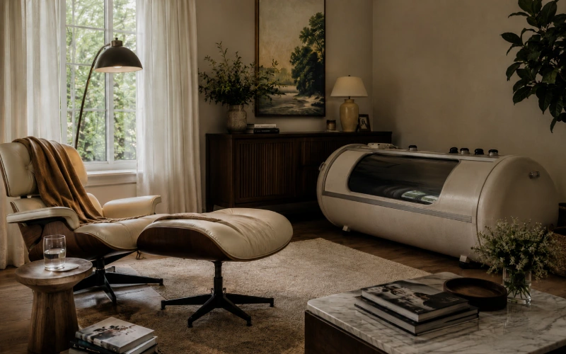 Mild hyperbaric chamber in a home wellness space
