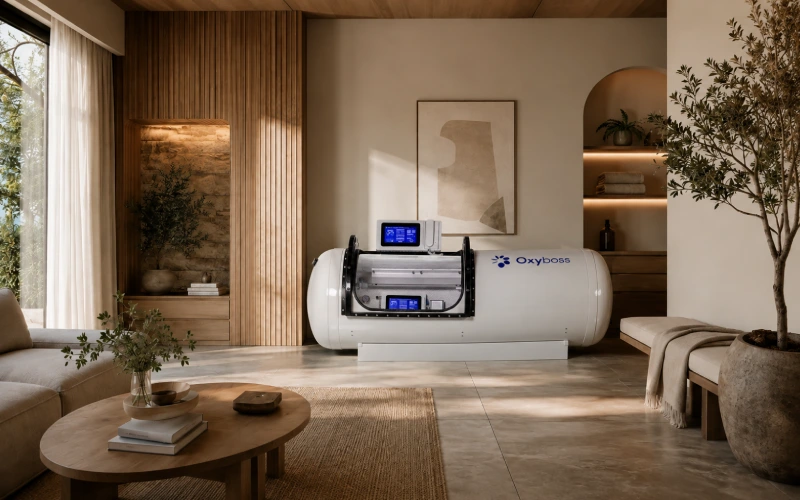 Minimal wellness room with hyperbaric chamber