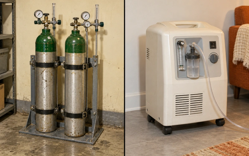 Oxygen cylinders compared with a home oxygen concentrator