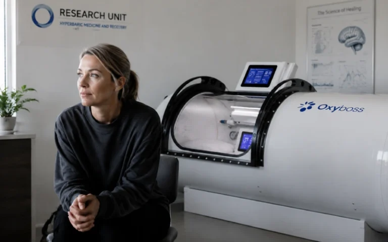 Person reflecting beside a hyperbaric oxygen chamber in a depression research setting
