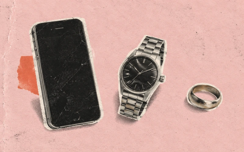Phone, watch, and jewelry set aside before a session