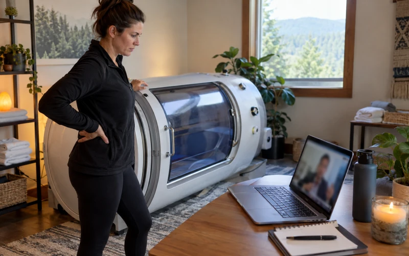 Remote support discussion beside a hyperbaric chamber