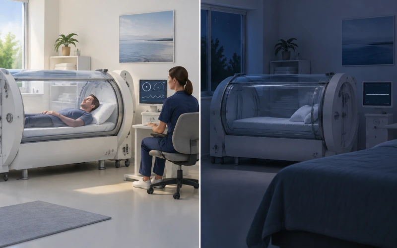 Safety illustration showing supervised use of a hyperbaric chamber