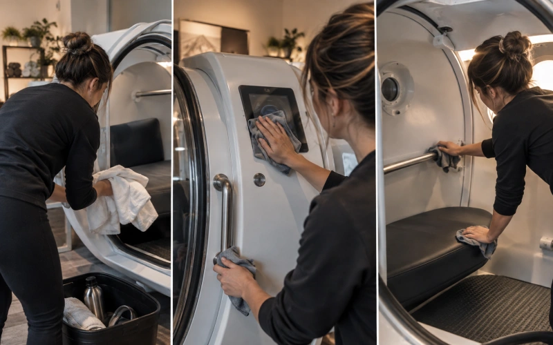 Three-step chamber wipe-down between users