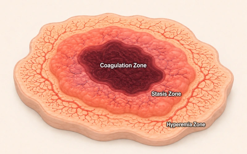 Three zones of tissue response after a burn
